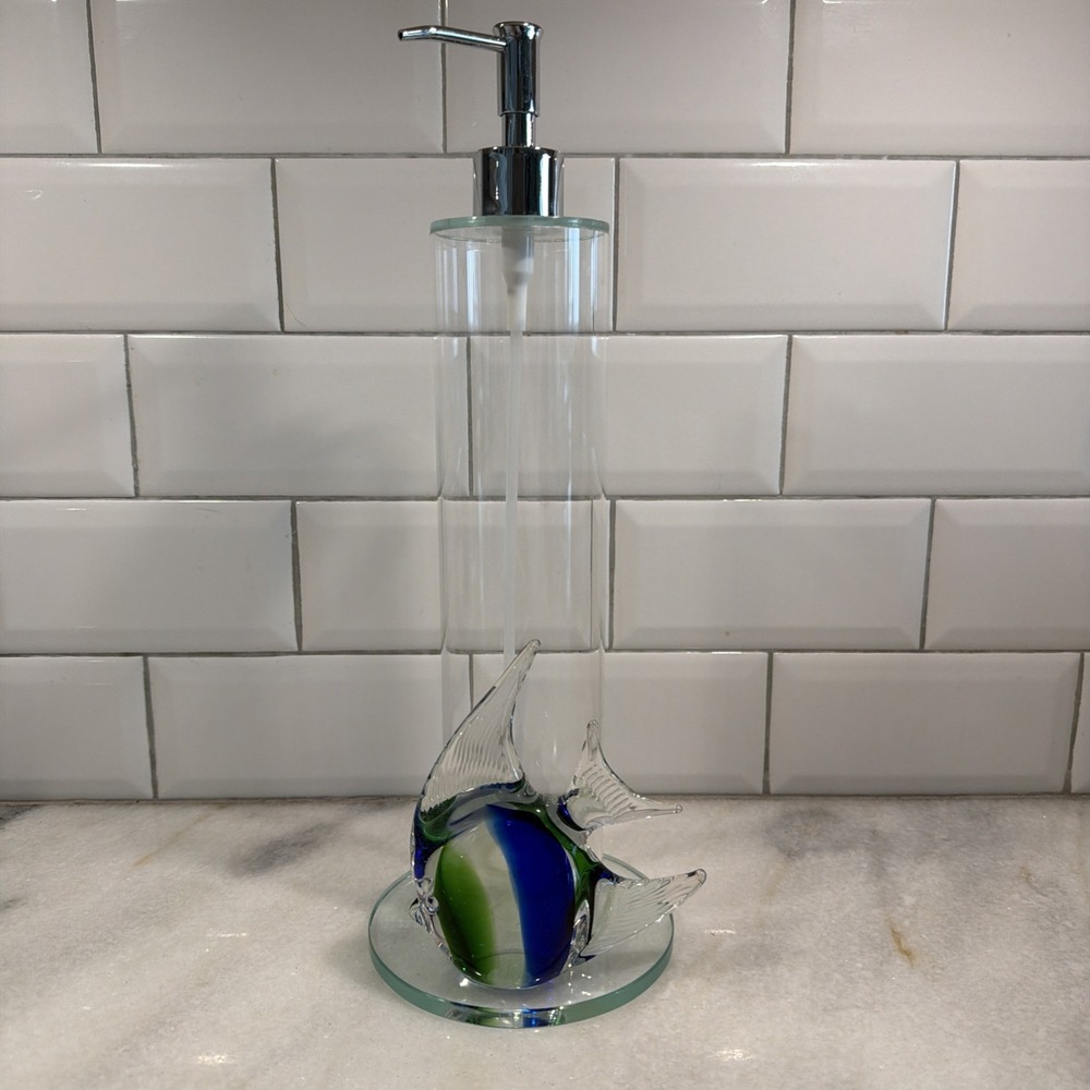 Unique Hand Blown Glass Fish Soap/lotion Clear Glass Dispenser Blue/green